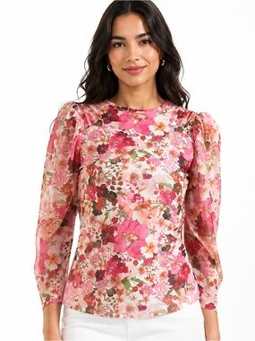 Ted Baker Pink Floral Gathered Sleeve Stretch Mesh Top